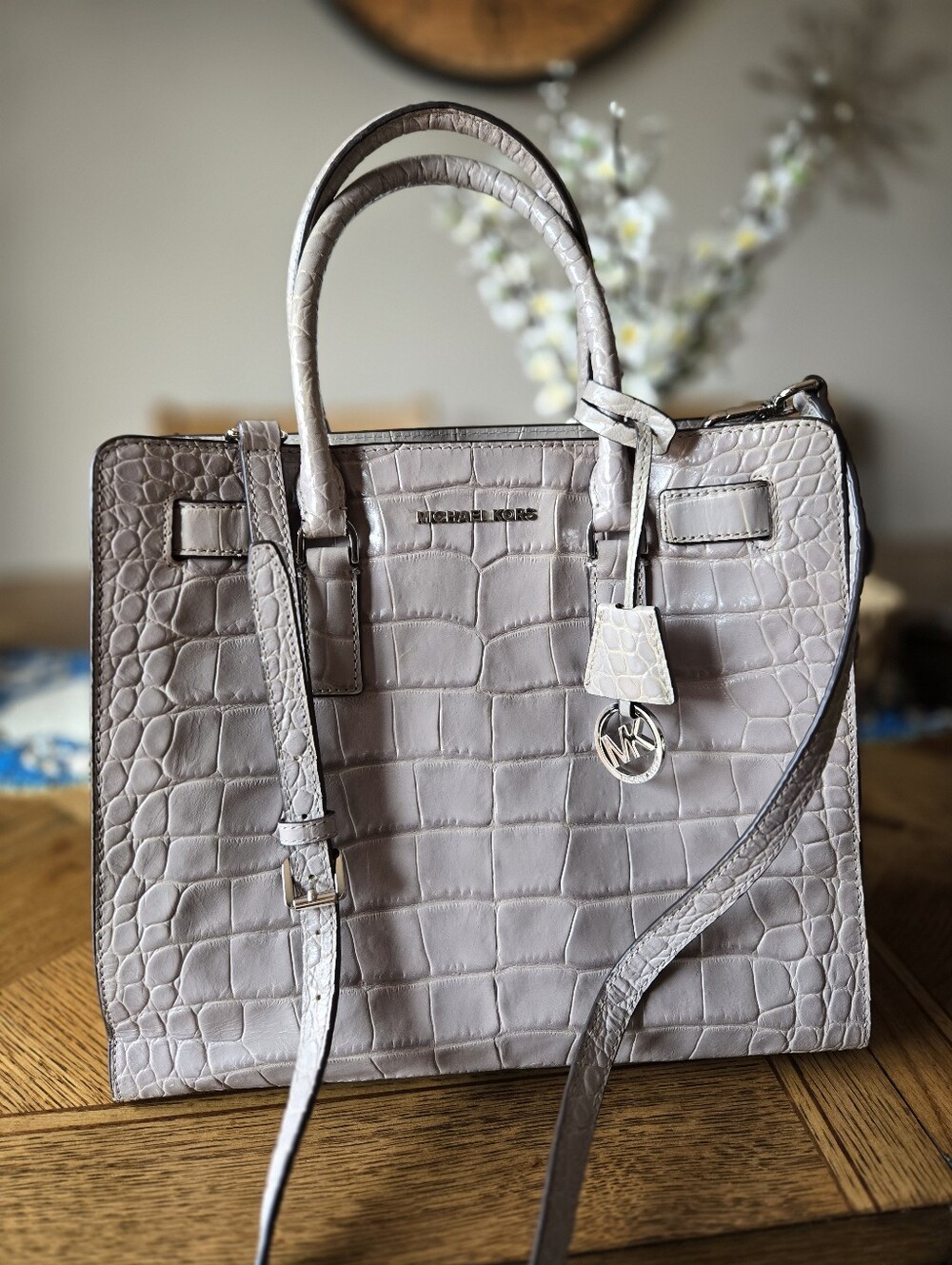 Michael Kors Croc-Embossed Leather Satchel in Light Gray